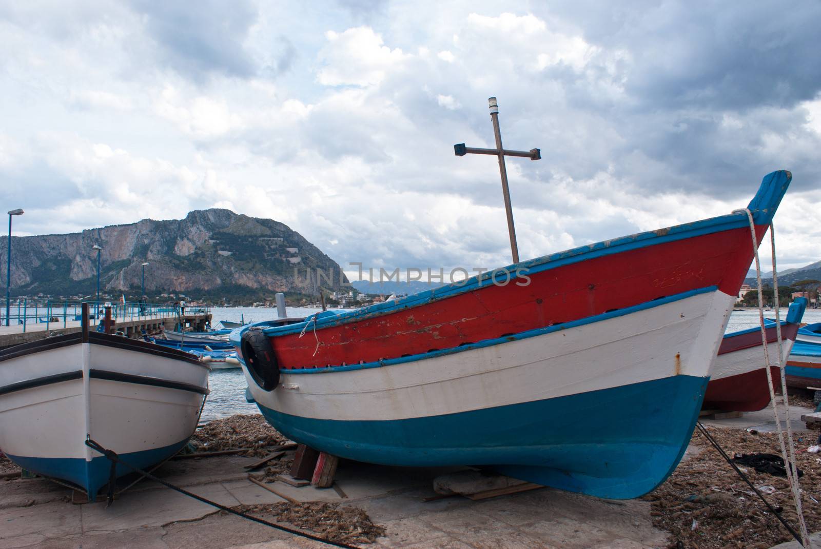 Old boats in Mondello beach. Palermo, Sicily, Italy
