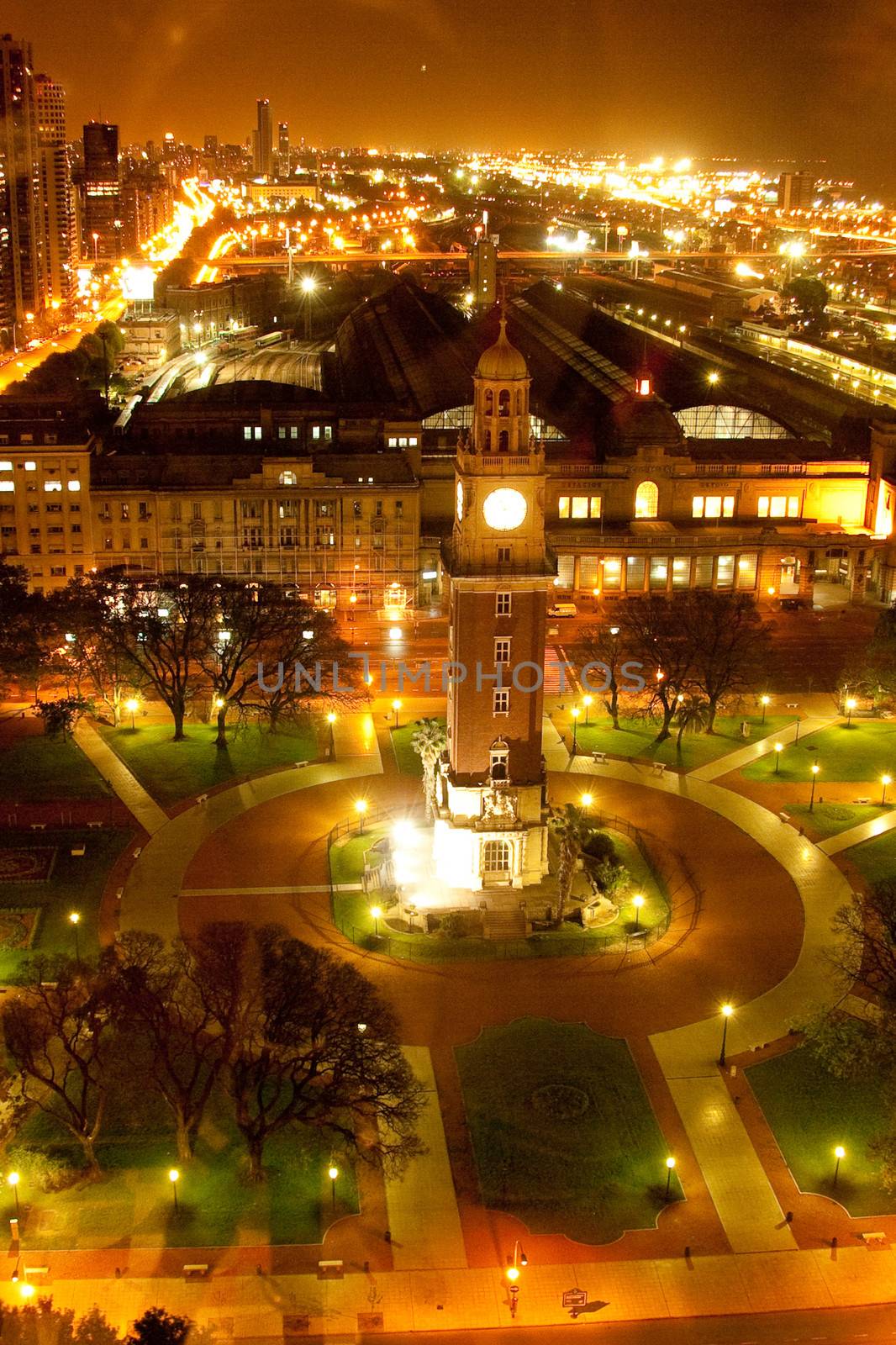 Torre Monumental lit up at night, Plaza Libertador General San Martin, Retiro, Buenos Aires, Argentina