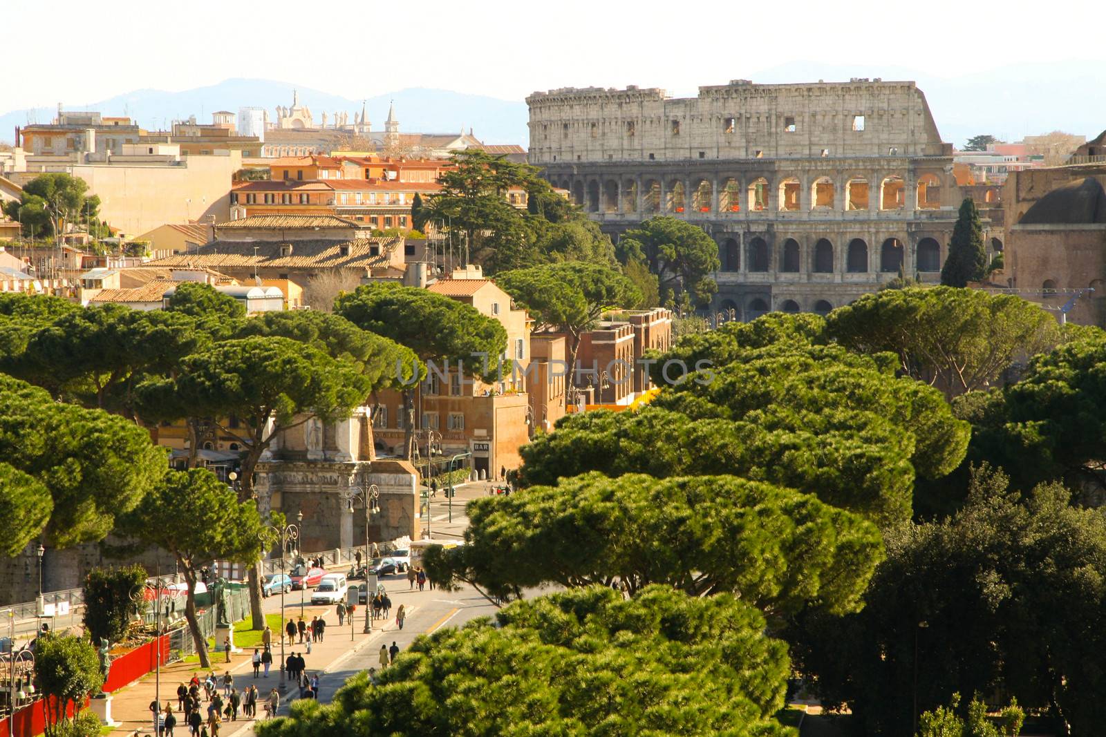 Aerial view of a street leading to Coliseum, Rome, Lazio, Italy