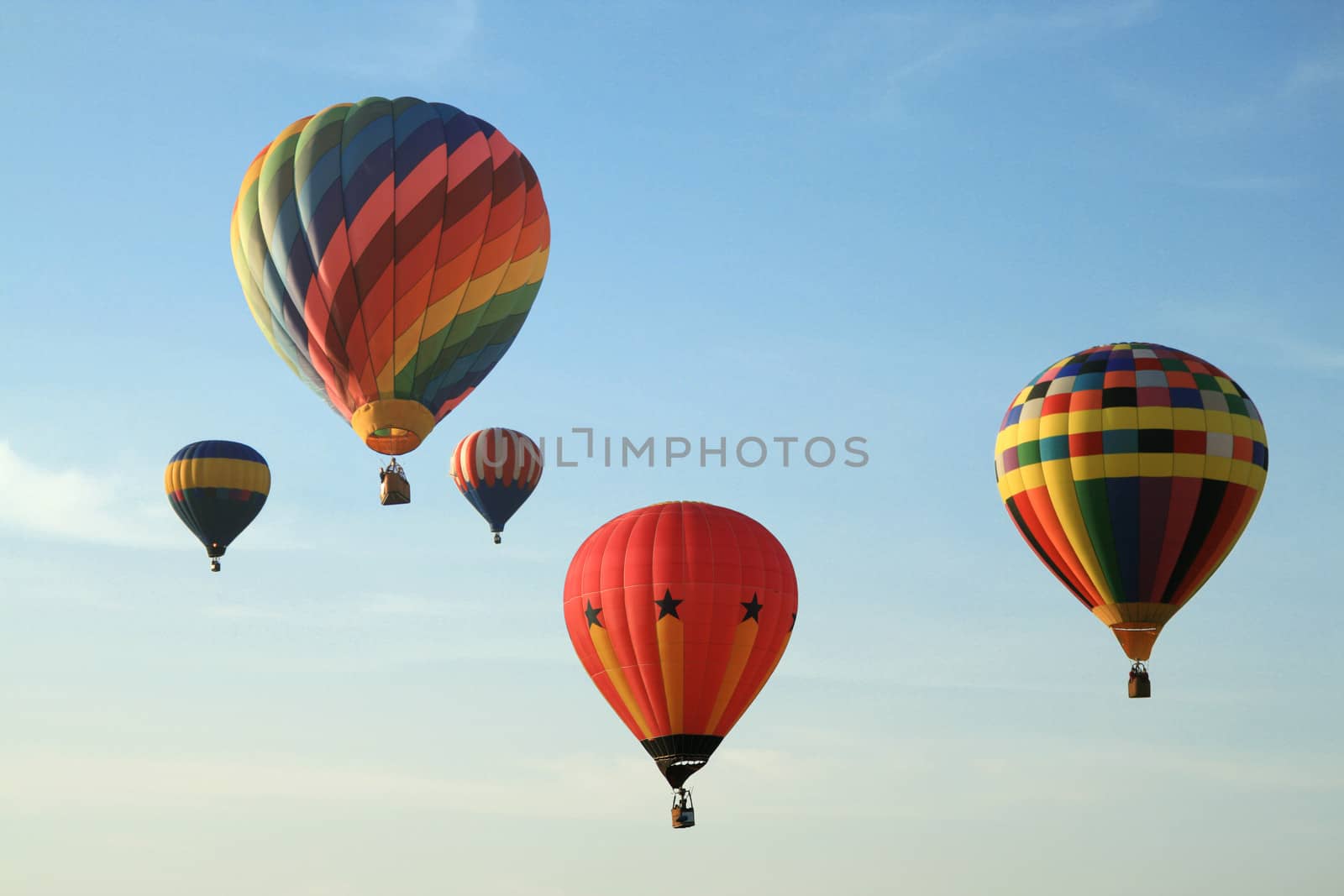 Five colorful balloons floating in blue sky.