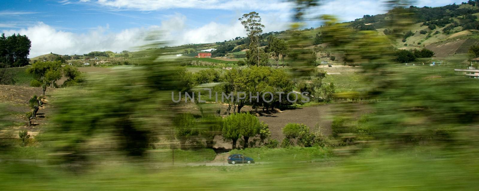 Countryside view from fast moving car in Costa Rica