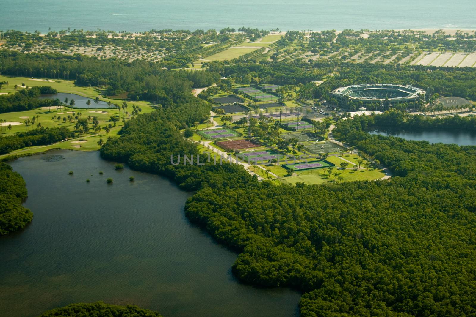 Aerial photography of the Crandon Park Tennis Center in Key Biscayne, Miami region, Florida, USA.