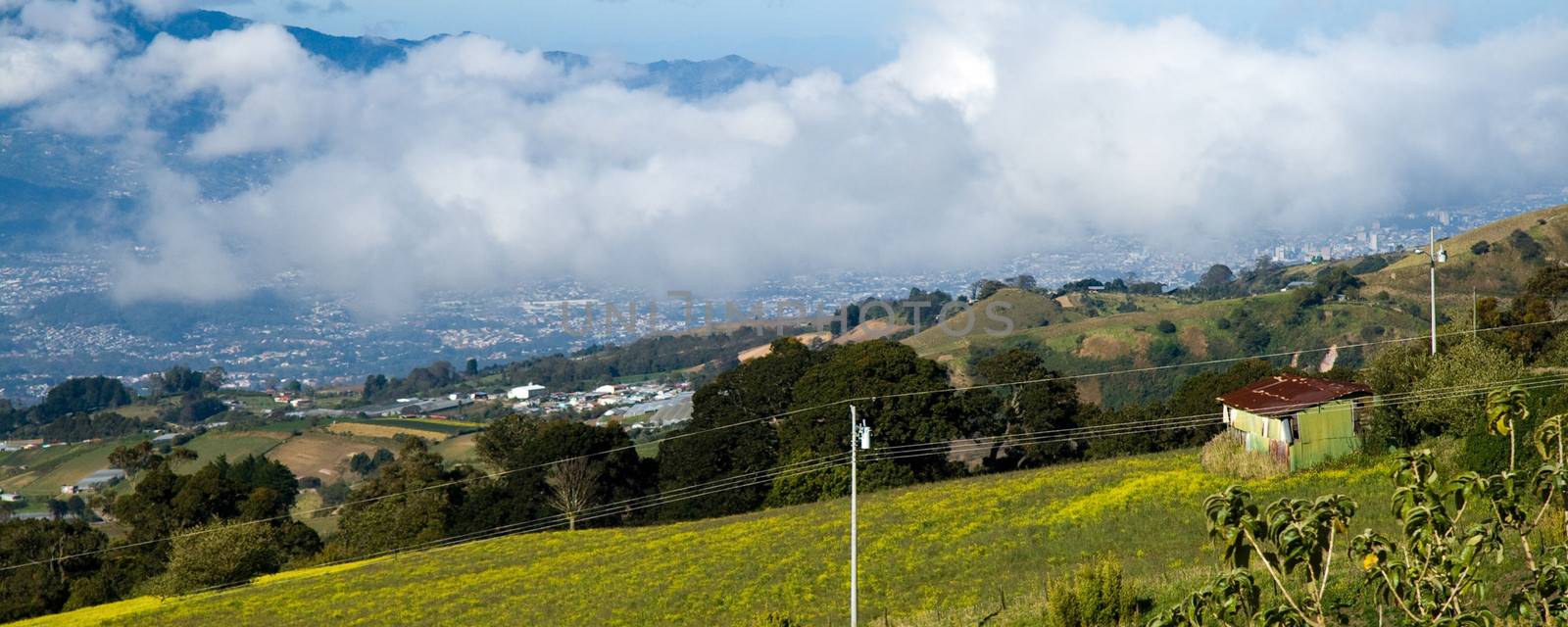 Distant view of a town in the cloudy valley