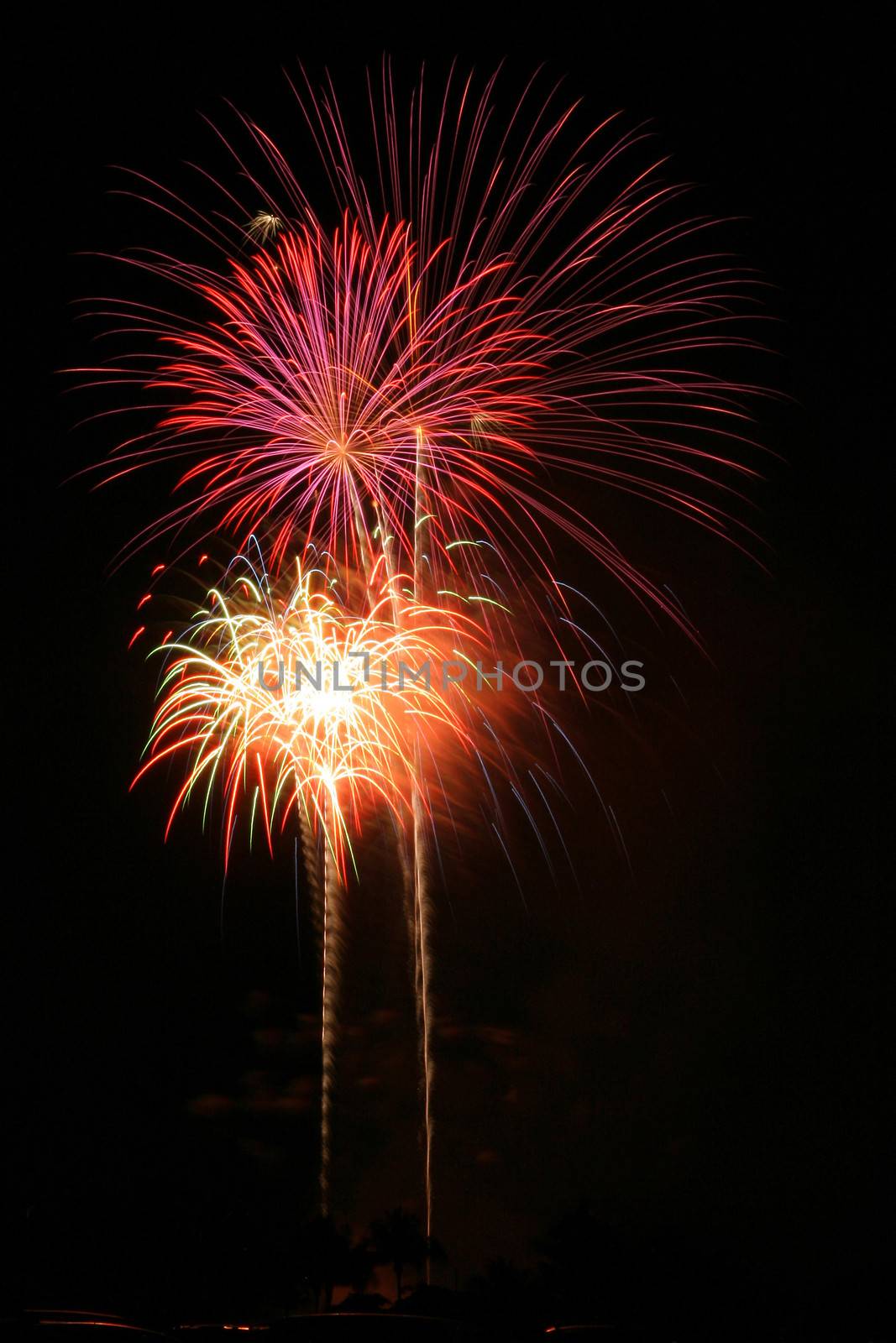 Pink and yellow exploding fireworks against a black sky on 4th of July.