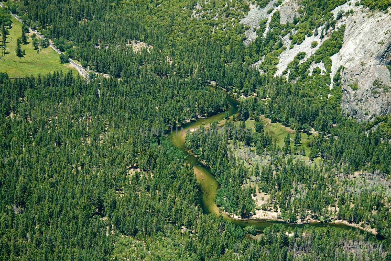 Aerial view of forest and river in Yosemite National Park viewed from Sentinel Dome, California, U.S.A.