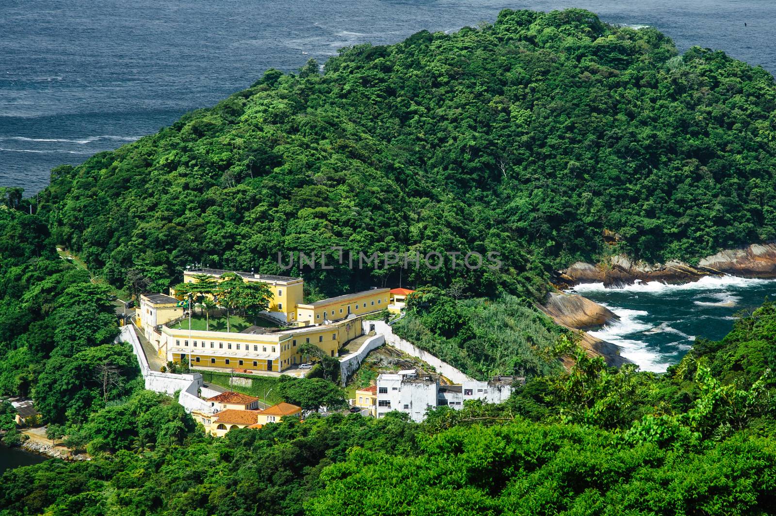 High angle view of Fort St. John surrounded by green trees in Urca neighborhood of Rio de Janeiro, Brazil.