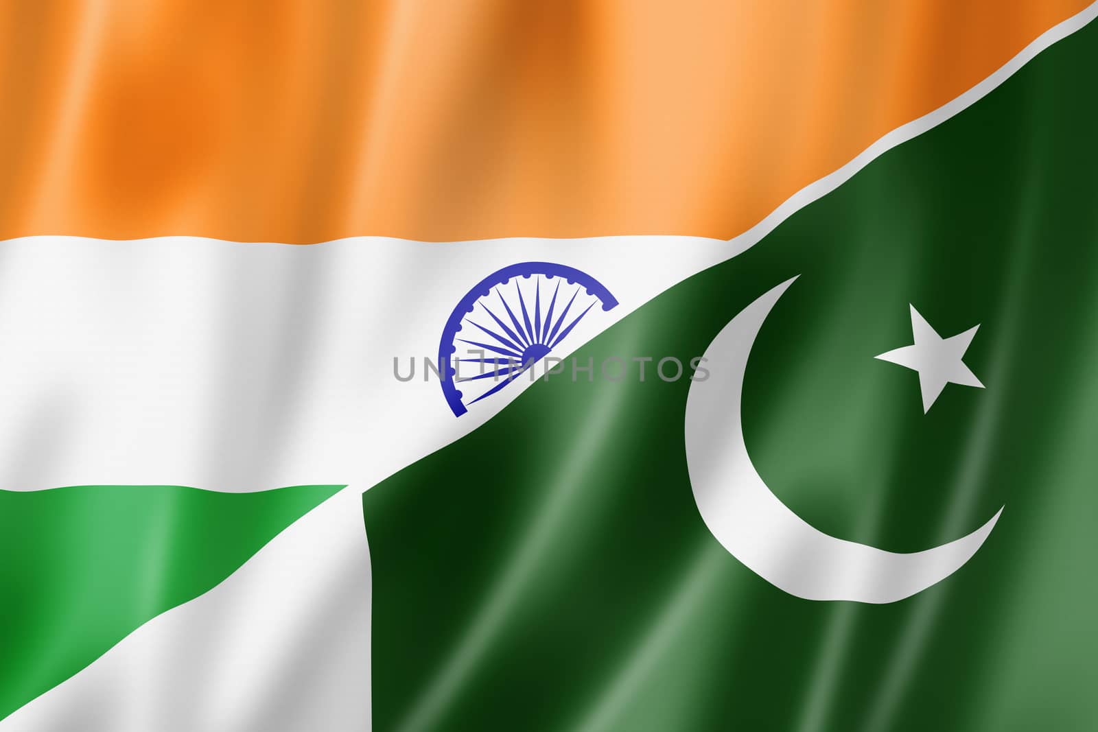 Mixed India and Pakistan flag, three dimensional render, illustration