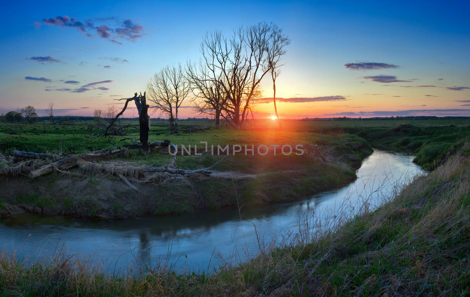 Spring. Sunset on the River Little Sister. Moscow region. Russia
