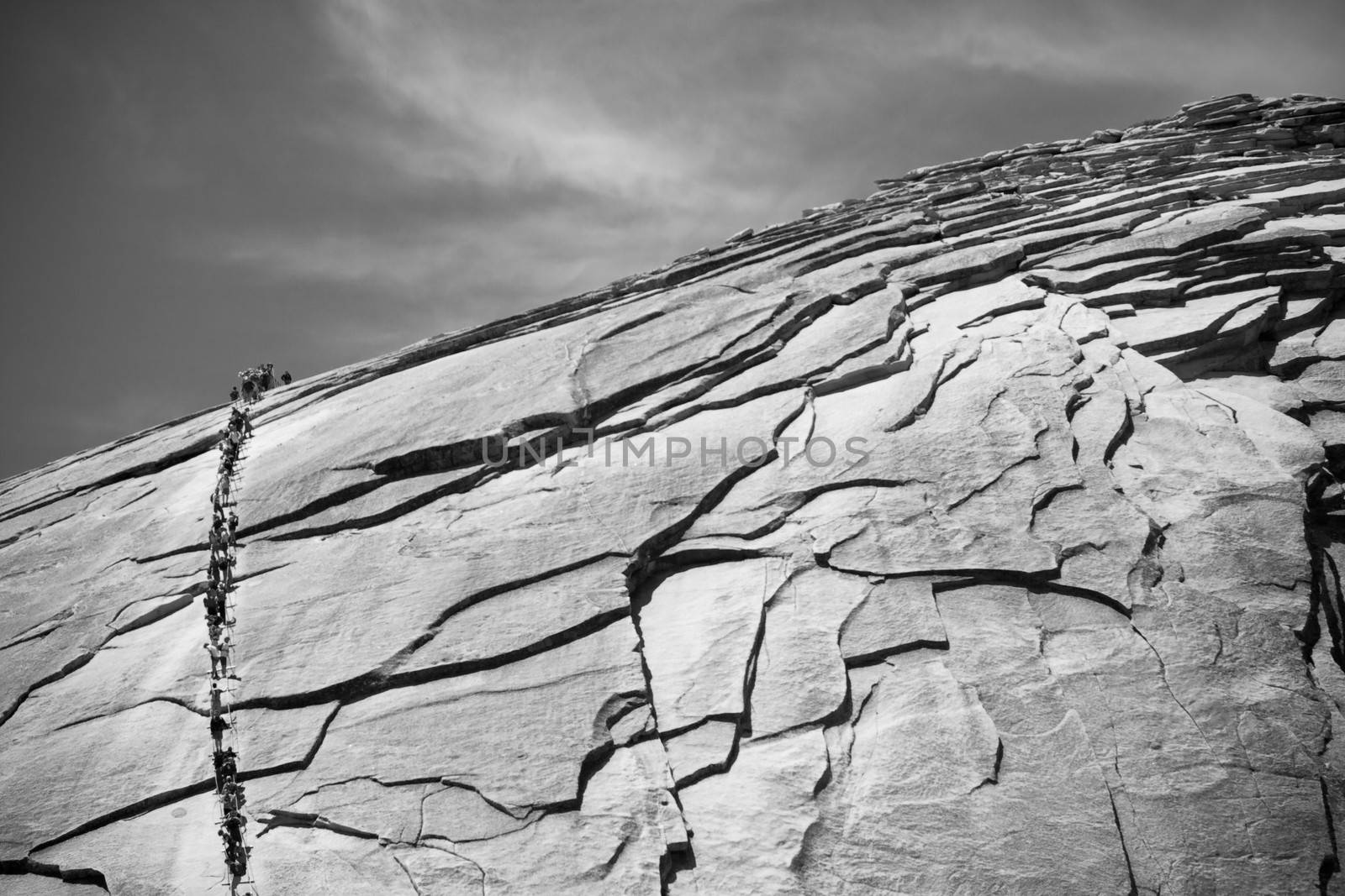 Black and white scenic view of Half Dome rock formation in Yosemite National Park, California, U.S.A.