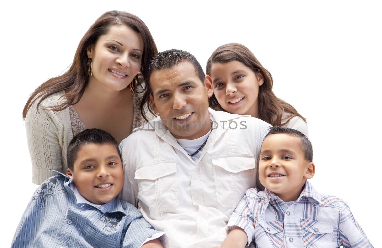 Happy Attractive Hispanic Family Portrait Isolated on a White Background.