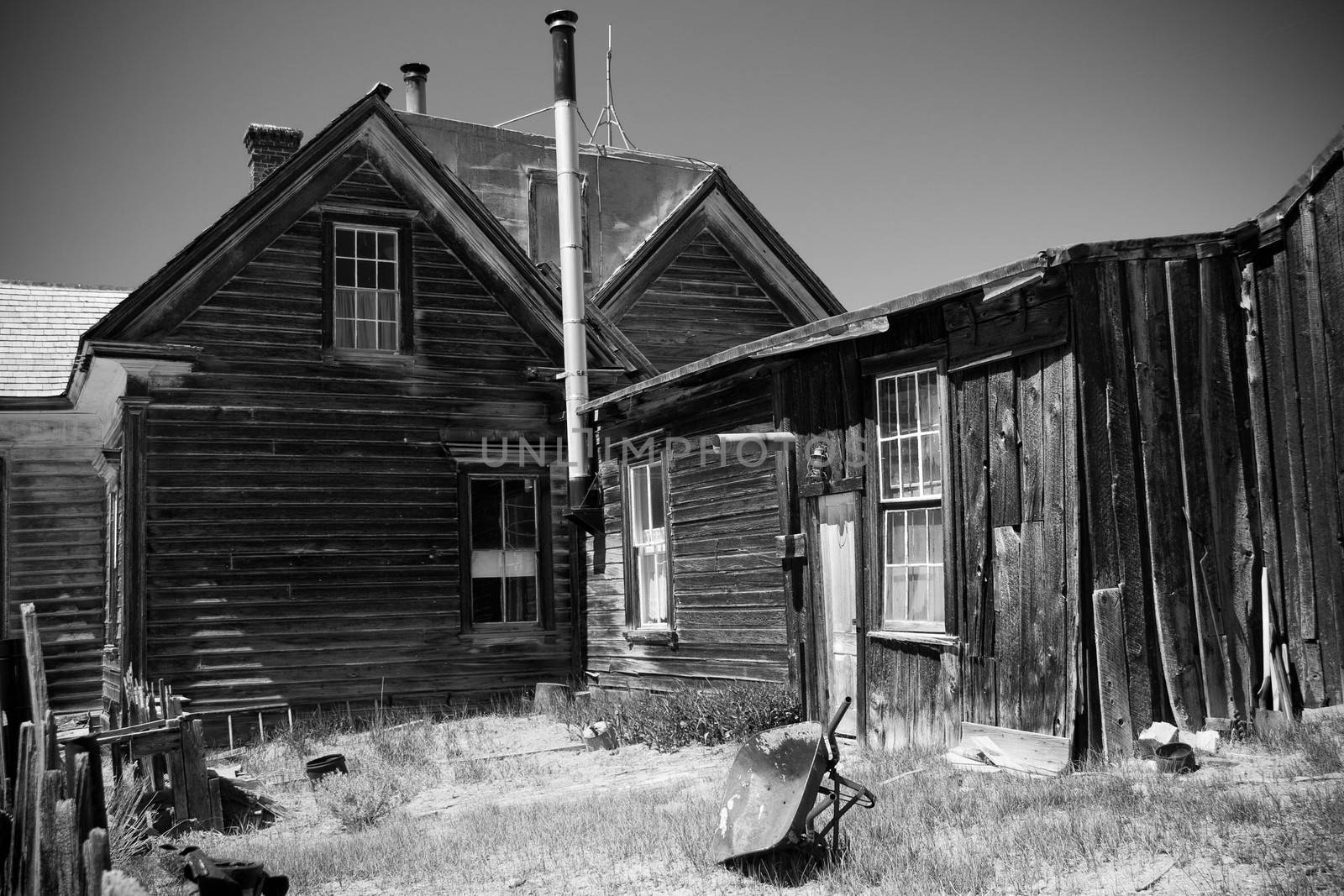 Historic dilapidated wooden buildings at Bodie Park a Californian gold-mining ghost town.