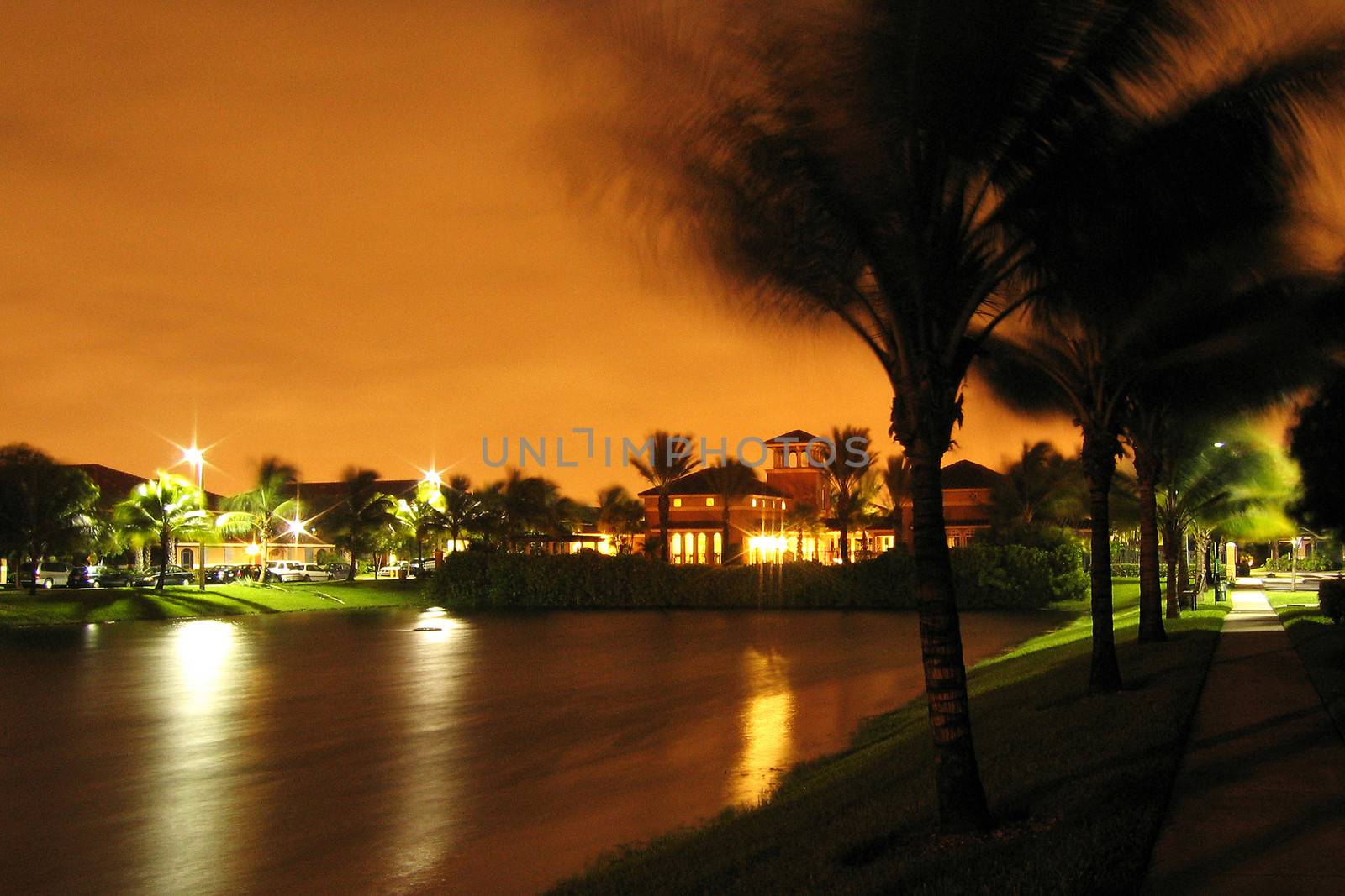 A house by a lake on a windy night with golden sky background.