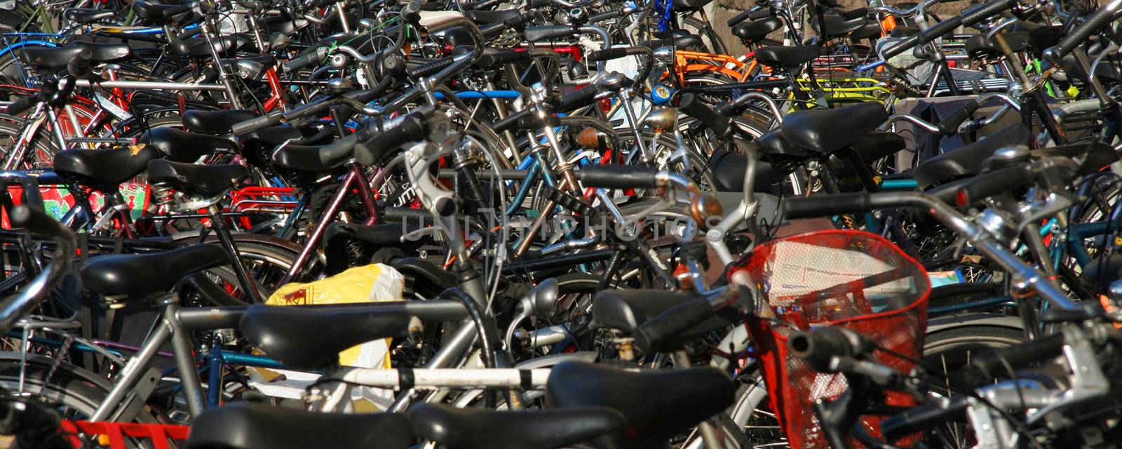 Hundreds of bikes parked on the sidewalk in Amsterdam.