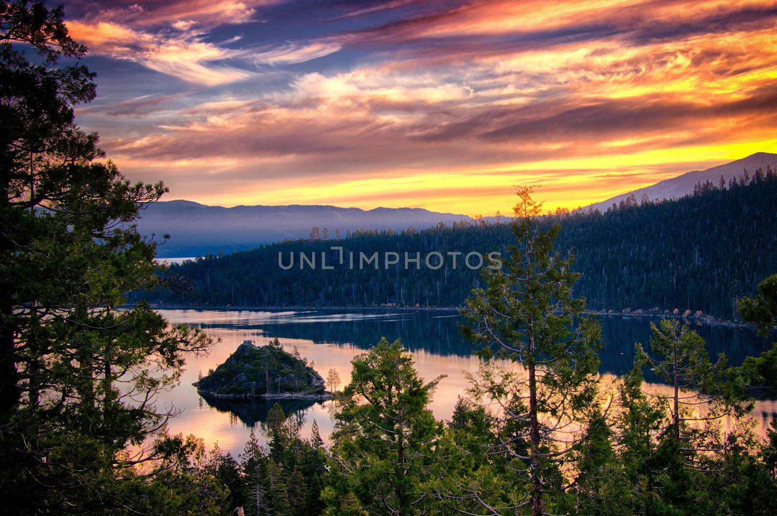 Island in a lake at dusk, Lake Tahoe, Sierra Nevada, California, USA