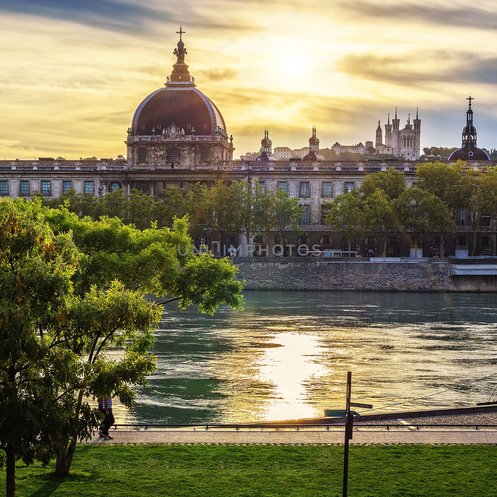 Lyon city at sunset with Rhone river