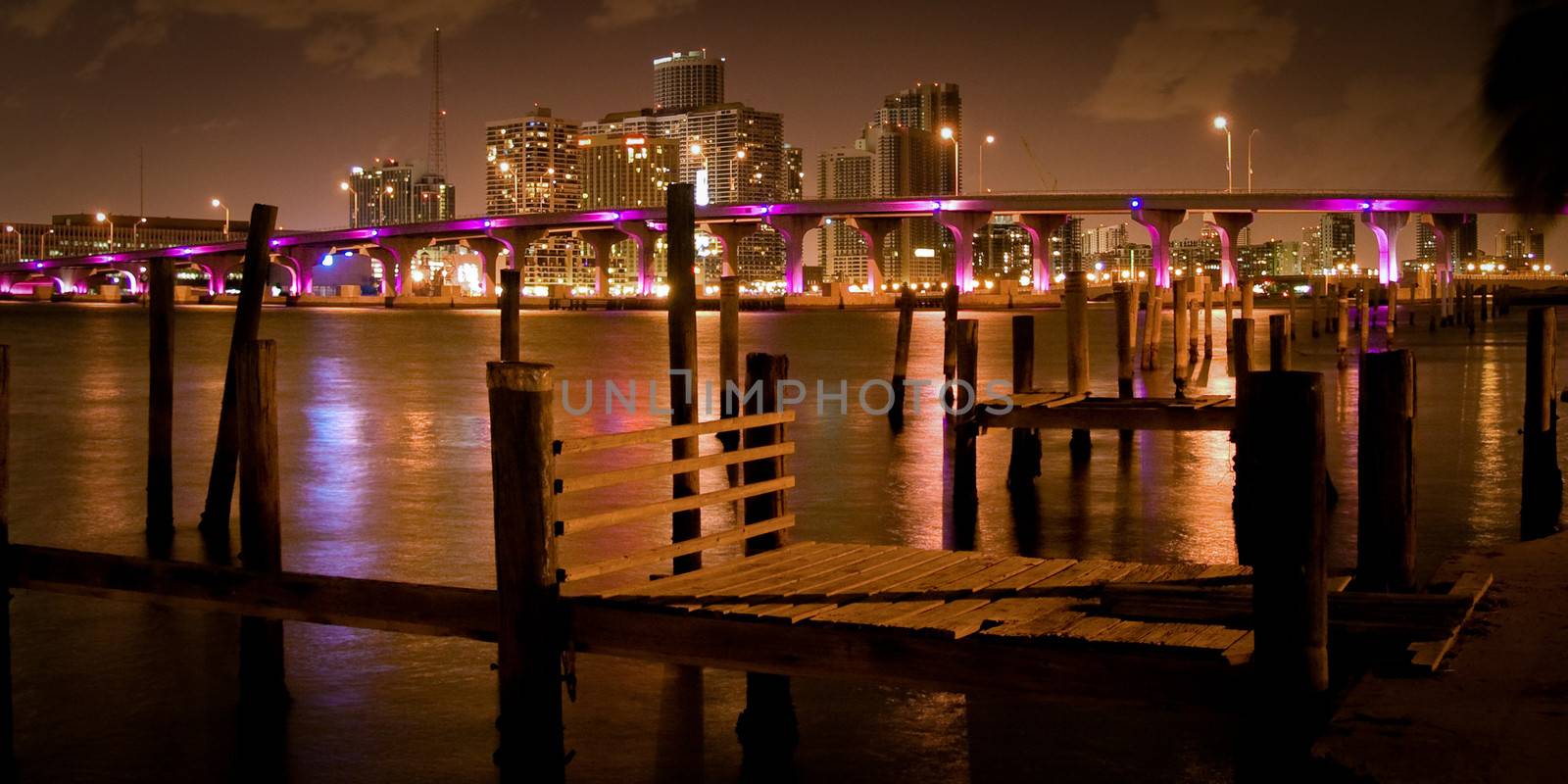 Pier over the Atlantic ocean at night, Miami, Miami-Dade County, Florida, USA