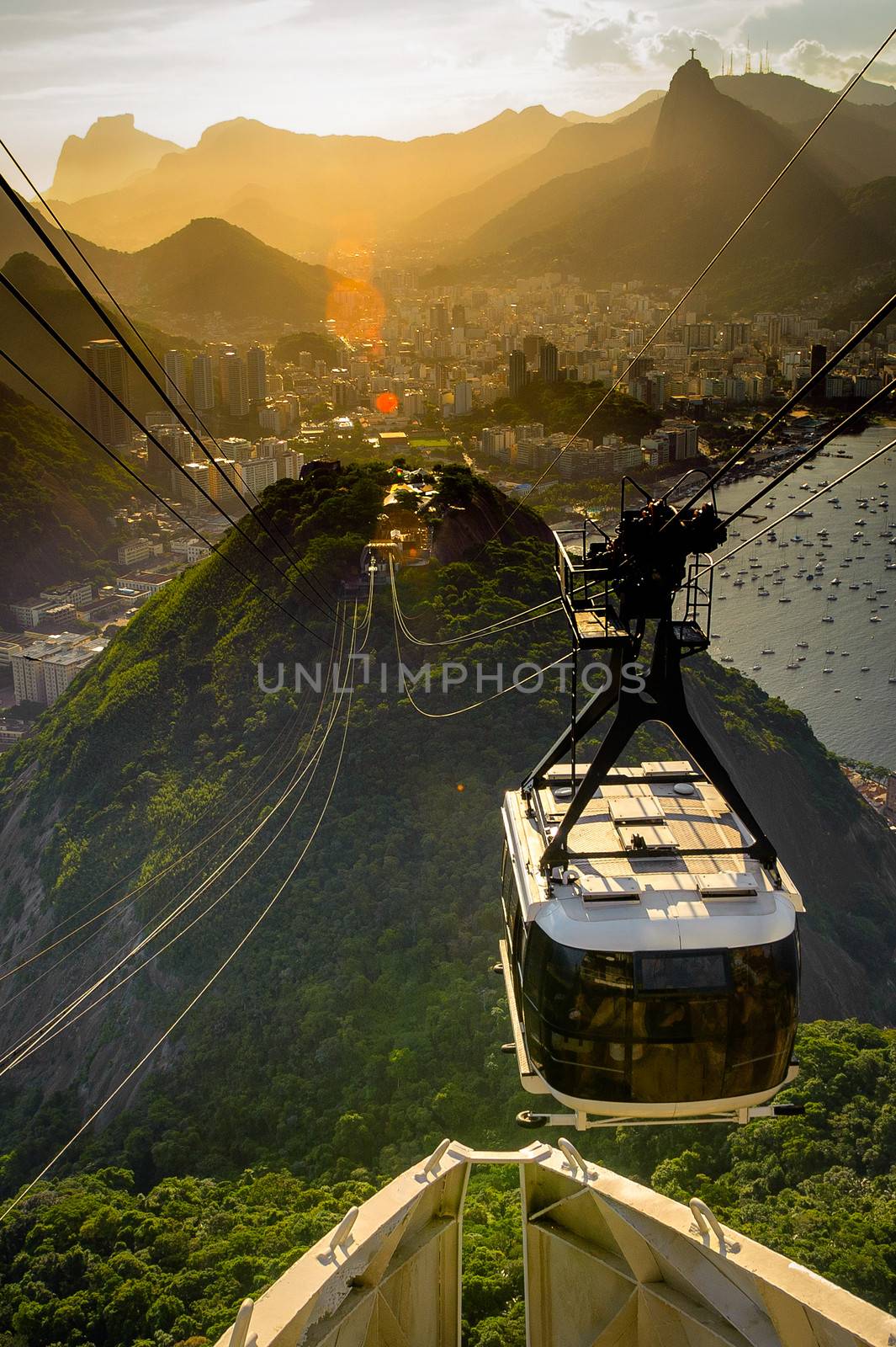 Overhead cable car approaching Sugarloaf Mountain, Rio De Janeiro, Brazil