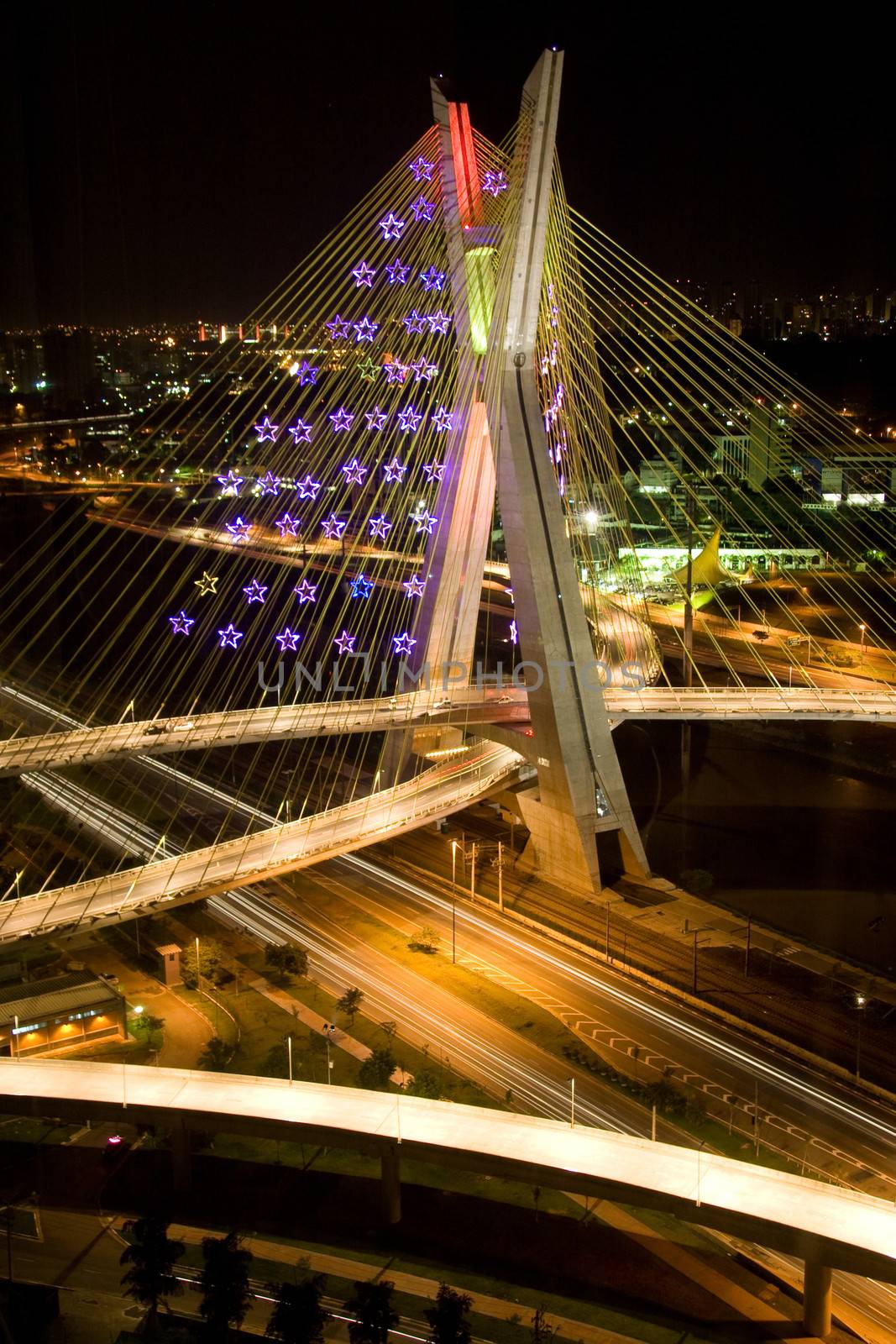 The Pinheiros river bridge at night in the city of Sao Paulo, Brazil.