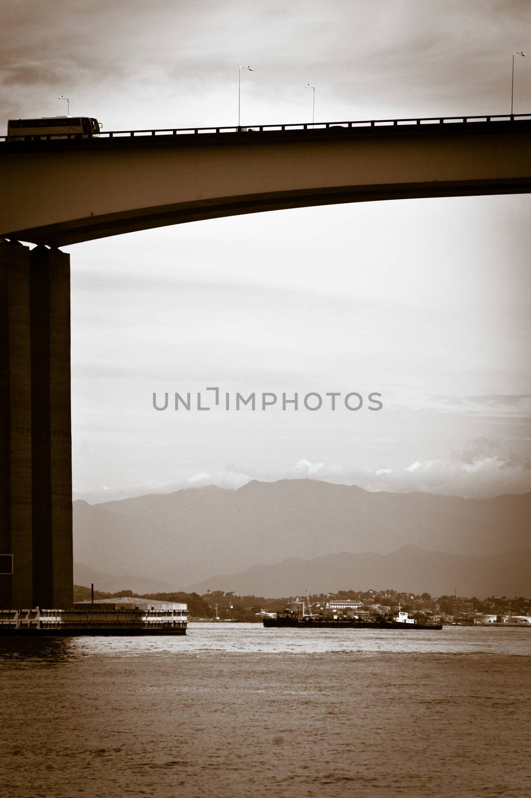 Sepia view of Rio-Niteroi bridge over Guanbara Bay, Rio de Janeiro, Brazil.