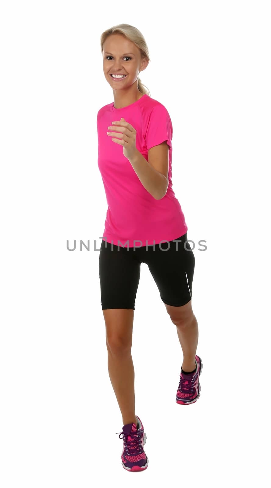 Healthy young blond lady jogging or running isokated on white