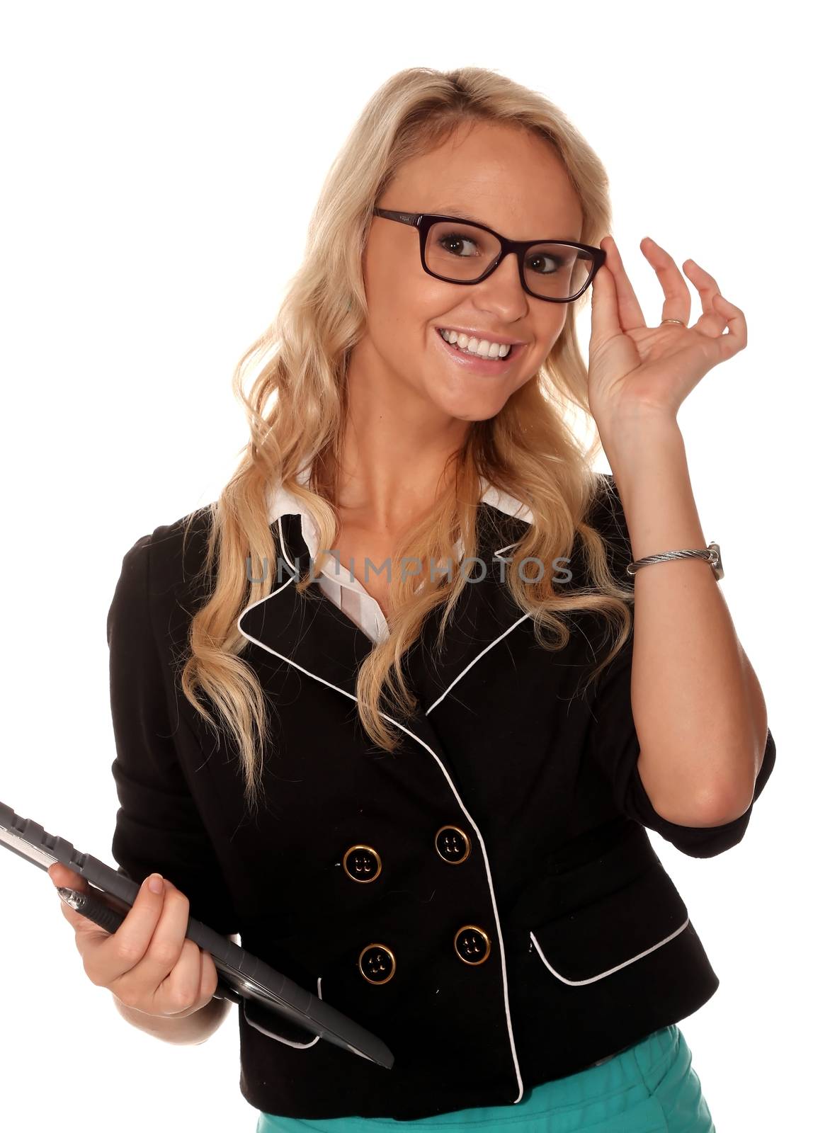 Lovely young smiling executive woman with specs and holding a clip board - isolatesd