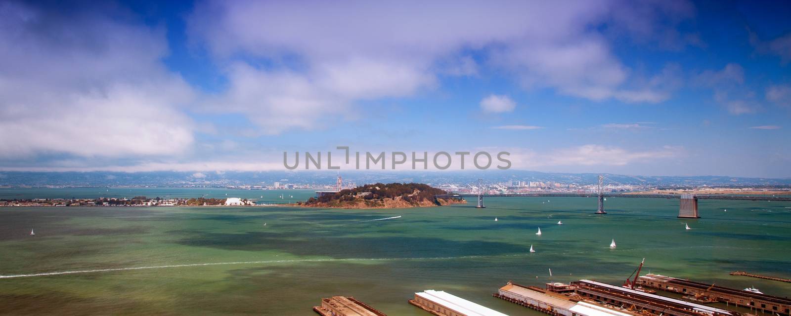 Panoramic view of Treasure Island in San Francisco Bay viewed from Coit Tower, California, U.S.A.