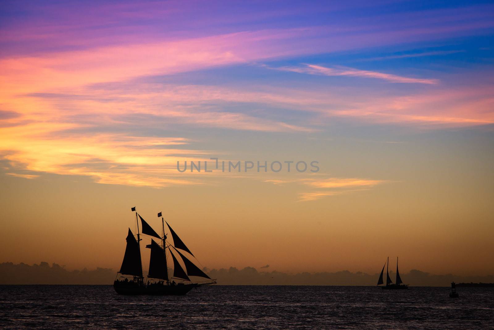 Silhouette of sailing ship in the Atlantic ocean, Key West, Monroe County, Florida, USA