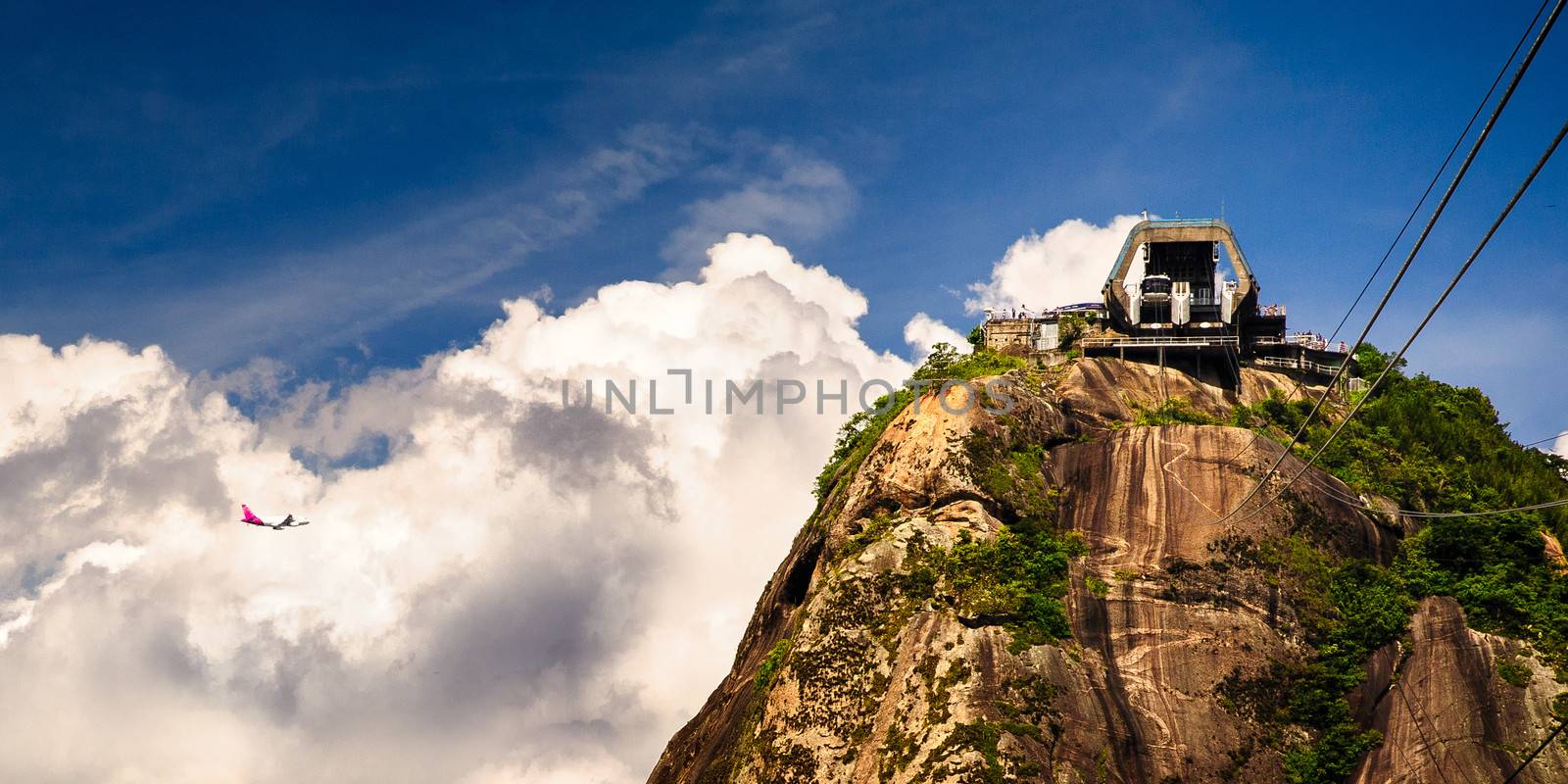 Overhead cable car station on the top of Sugarloaf Mountain, Guanabara Bay, Rio De Janeiro, Brazil