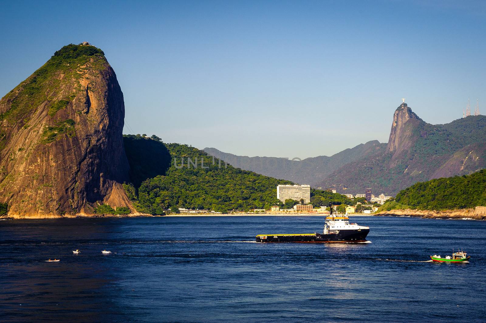 Boat in the ocean with Sugarloaf Mountain in the background, Guanabara Bay, Rio De Janeiro, Brazil