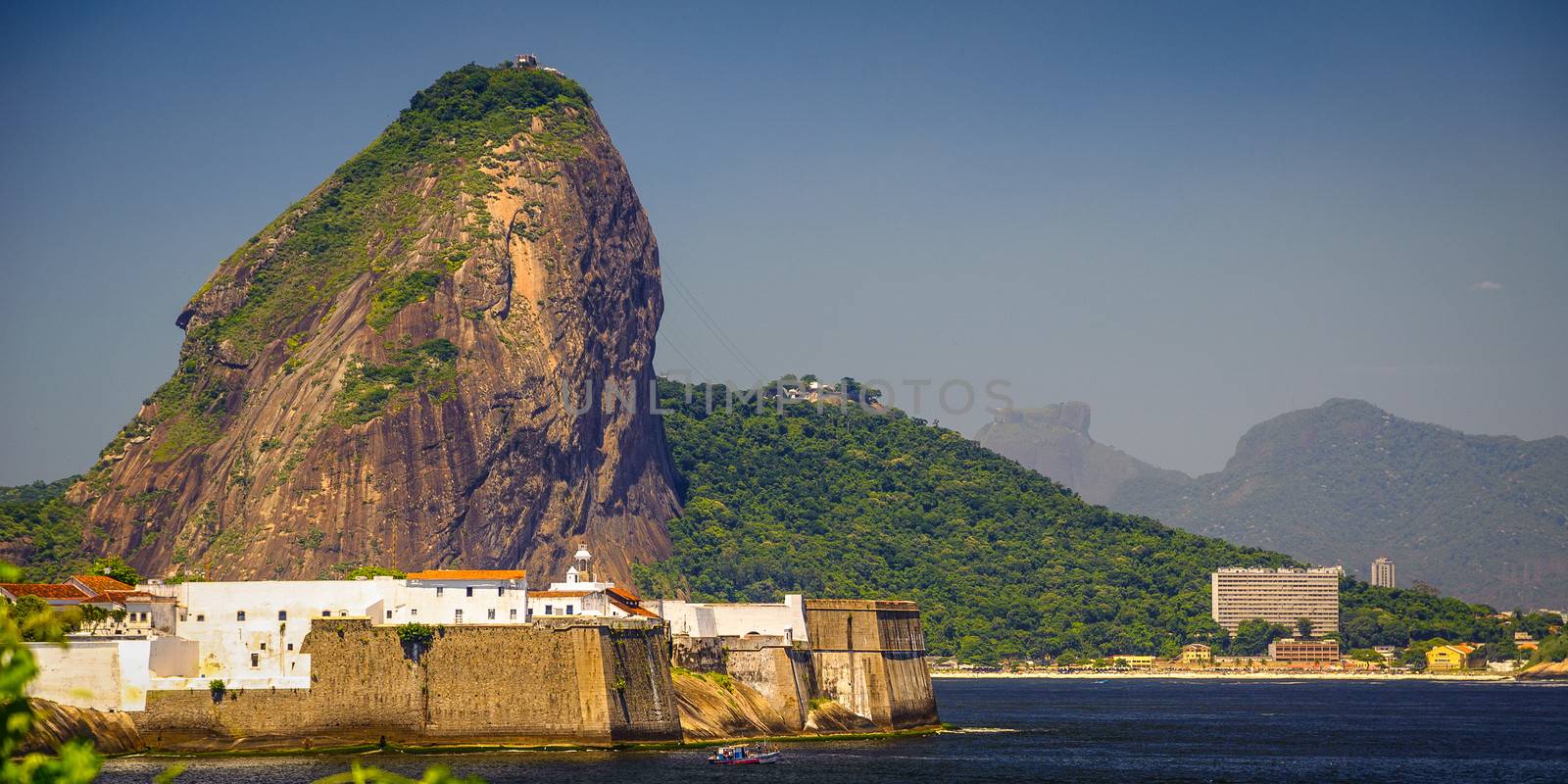 Fortress at the waterfront with Sugarloaf Mountain in the background, Guanabara Bay, Rio De Janeiro, Brazil