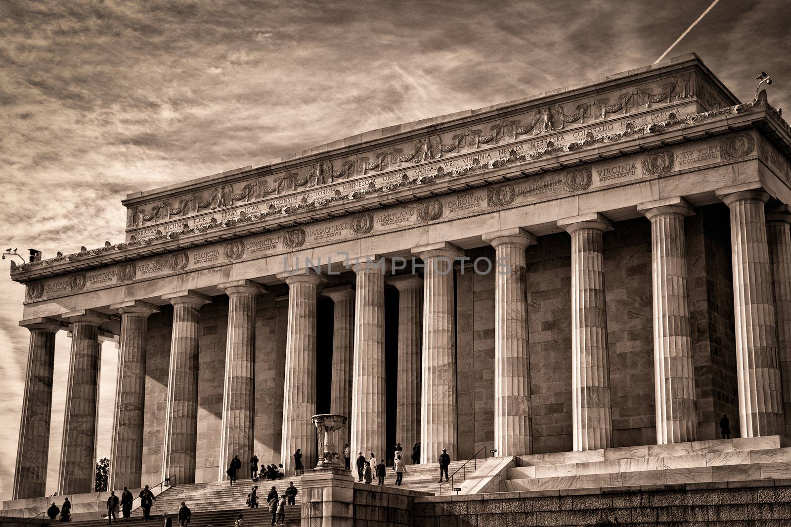 The Lincoln Memorial in sepia tone.