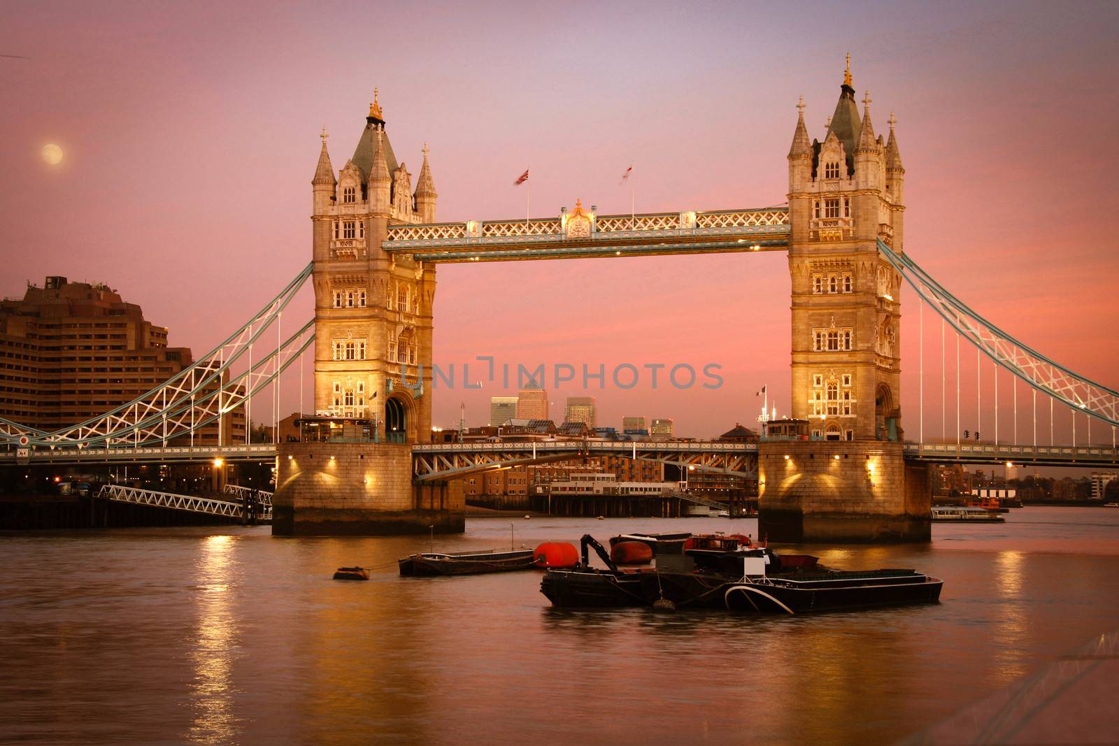 Bridge over a river at sunset, Tower Bridge, Thames River, London, England