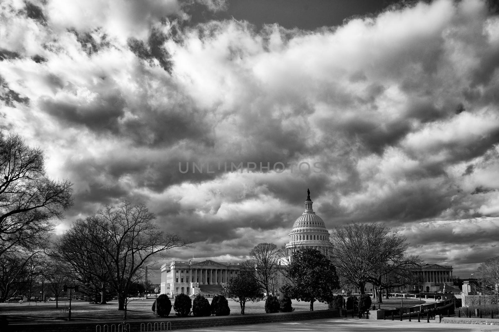 Black and white scenic view of cloudscape over United States Capitol building, Washington D.C, U.S.A.