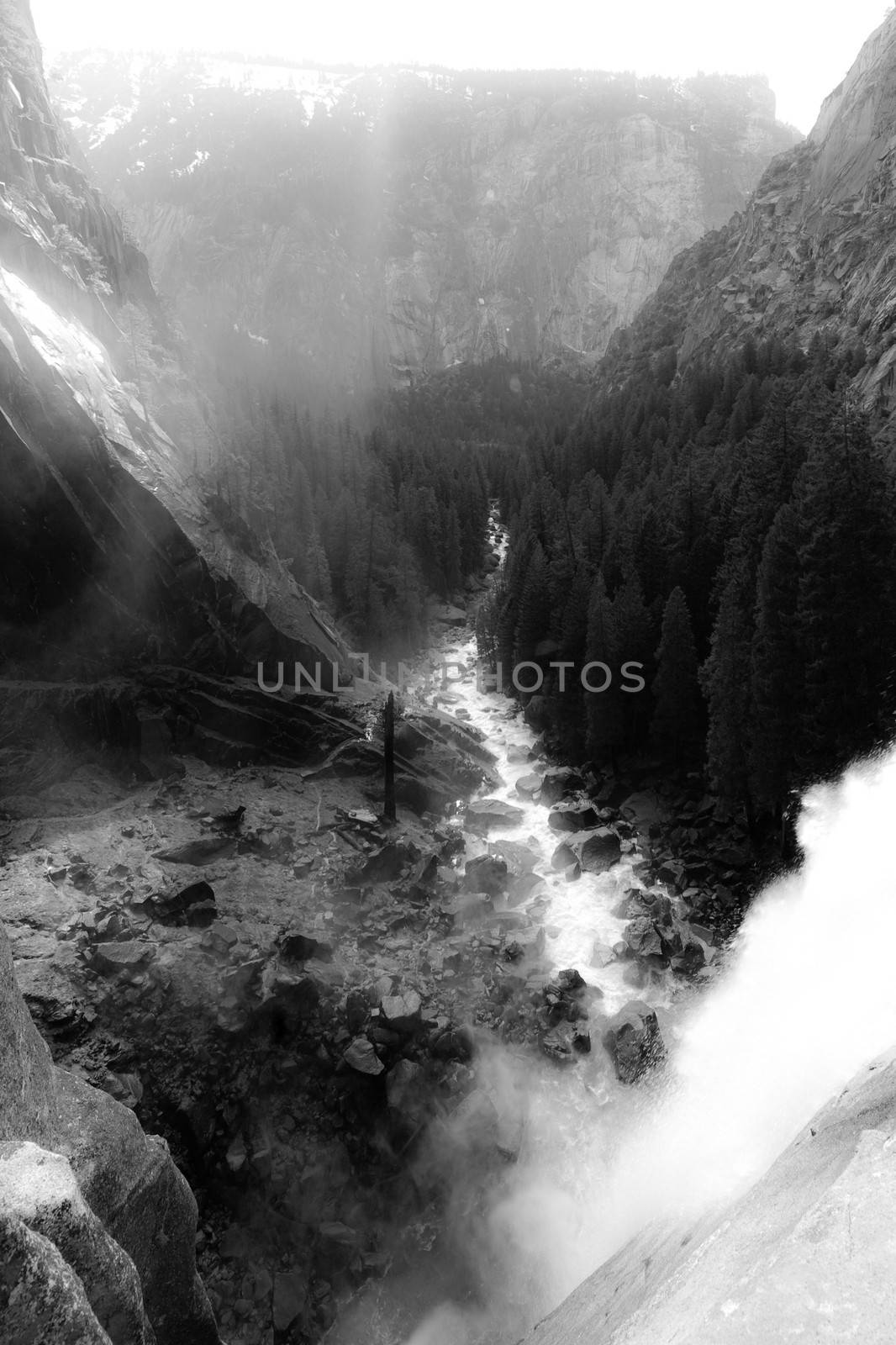 Black and white scenic view of Vernal waterfall in Yosemite National Park, California. U.S.A.