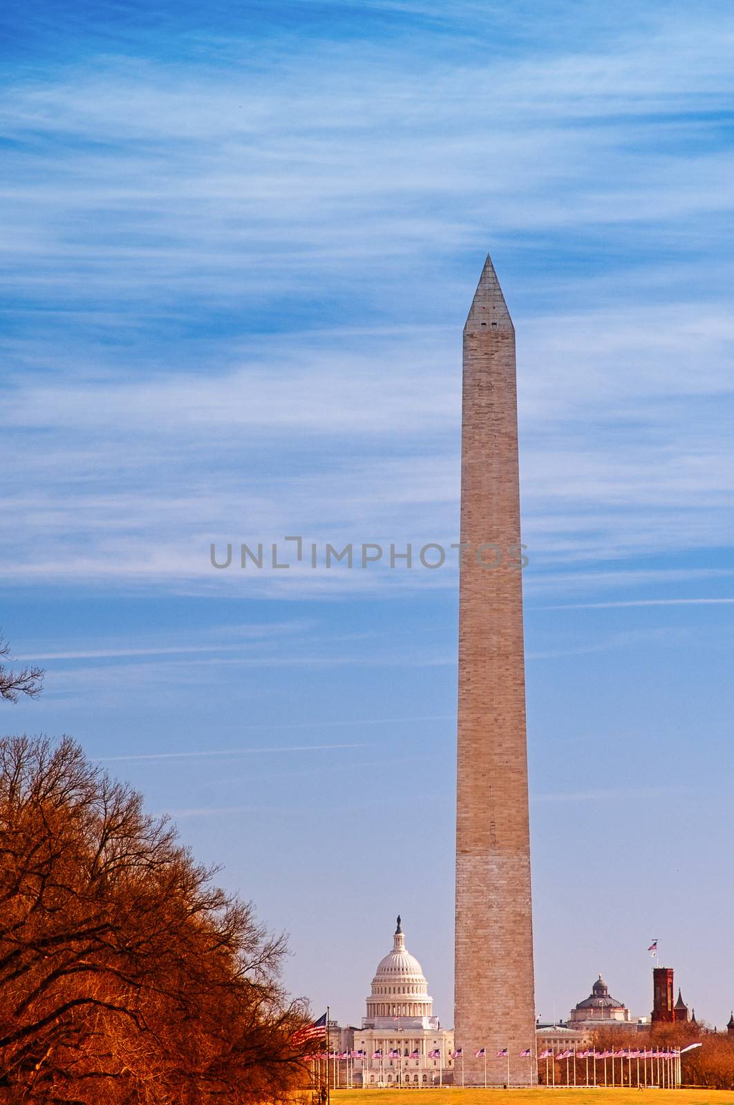 Scenic view of Washington monument in autumn with Capitol building in background, Washington D.C, U.S.A.