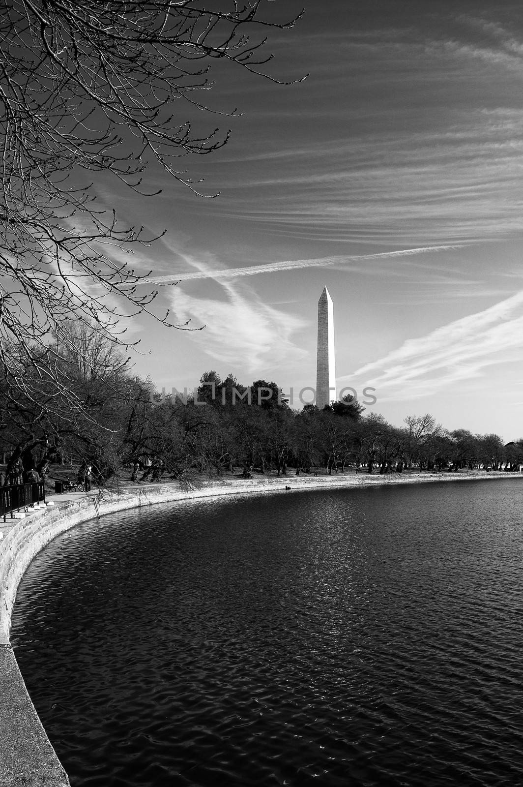 The Washington monument and Potomac River tidal basin in black and white.