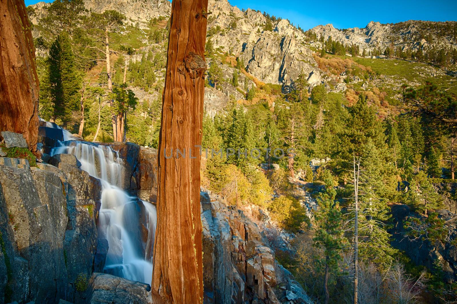 Water falling from rocks, Lake Tahoe, Sierra Nevada, California, USA