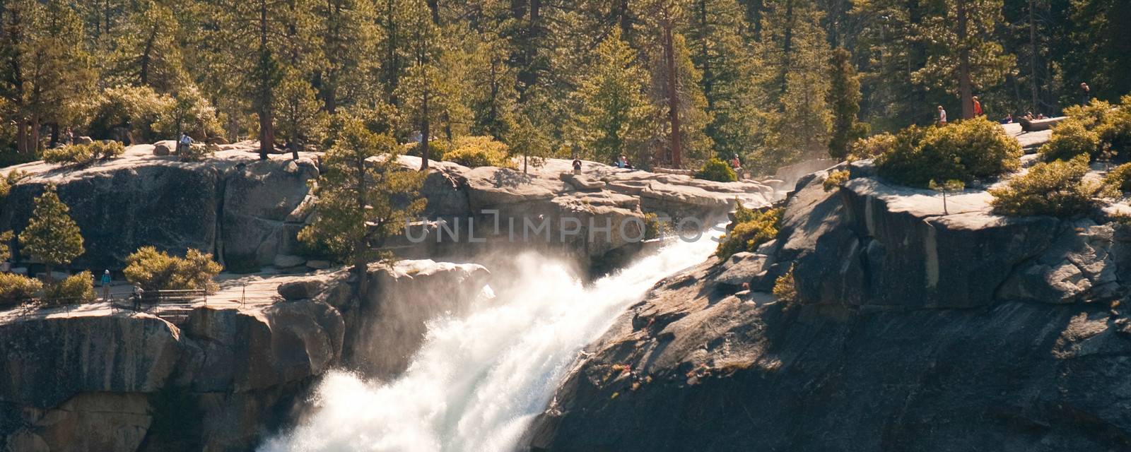 Scenic view of waterfall on mountain with forest in background, Yosemite National Park, California, U.S.A.