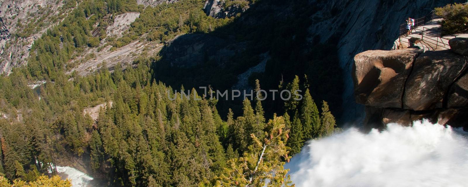 Scenic view of cascading waterfall in Yosemite National Park with forest in background, California, U.S.A.