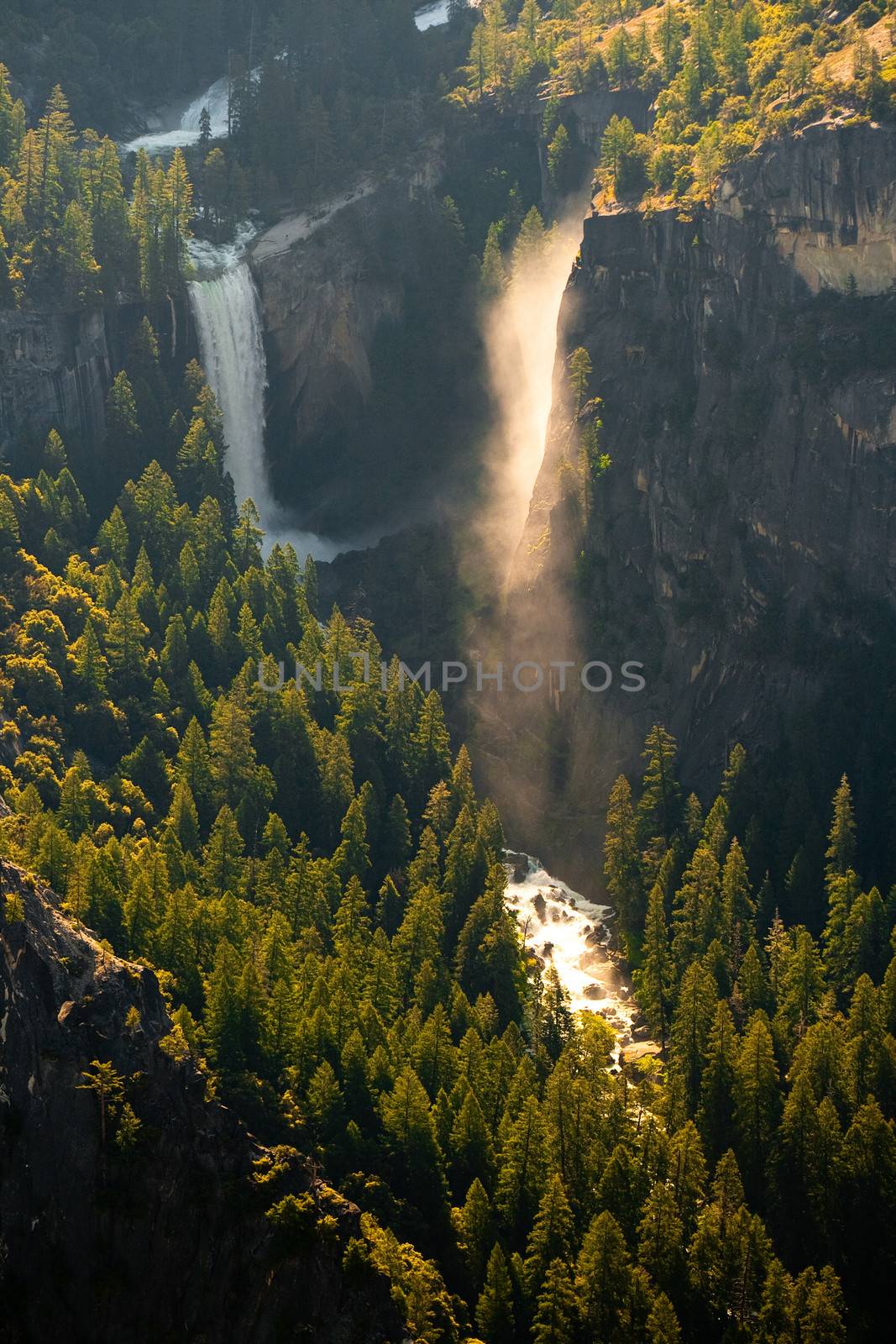 Aerial view of a waterfall in a forest, Vernal Fall, Glacier Point, Yosemite Valley, Yosemite National Park, California, USA