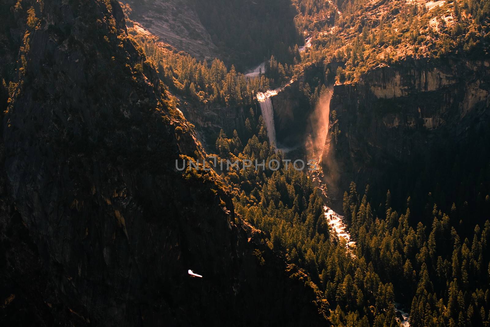 Aerial view of waterfall in a forest, Vernal Fall, Glacier Point, Yosemite Valley, Yosemite National Park, California, USA