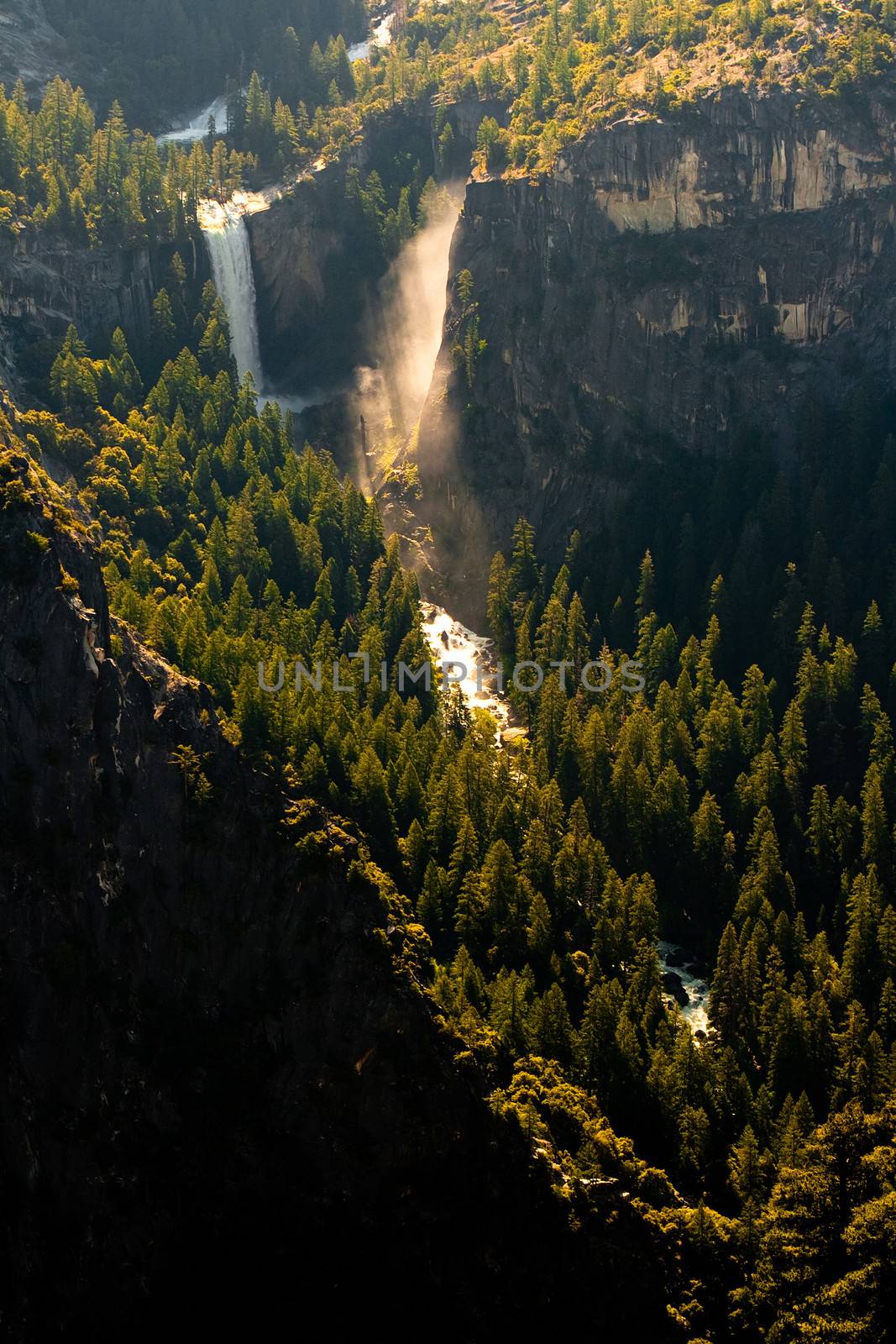 Aerial view of waterfall in a forest, Vernal Fall, Glacier Point, Yosemite Valley, Yosemite National Park, California, USA