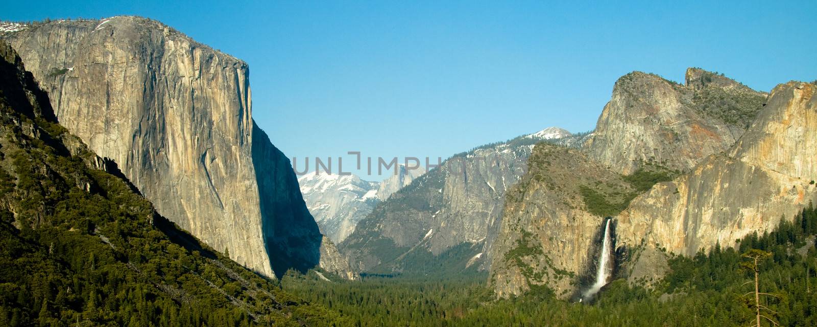 Rock formations in a valley, Bridal Veil Falls Yosemite, El Capitan, Half Dome, Yosemite Valley, Yosemite National Park, California, USA