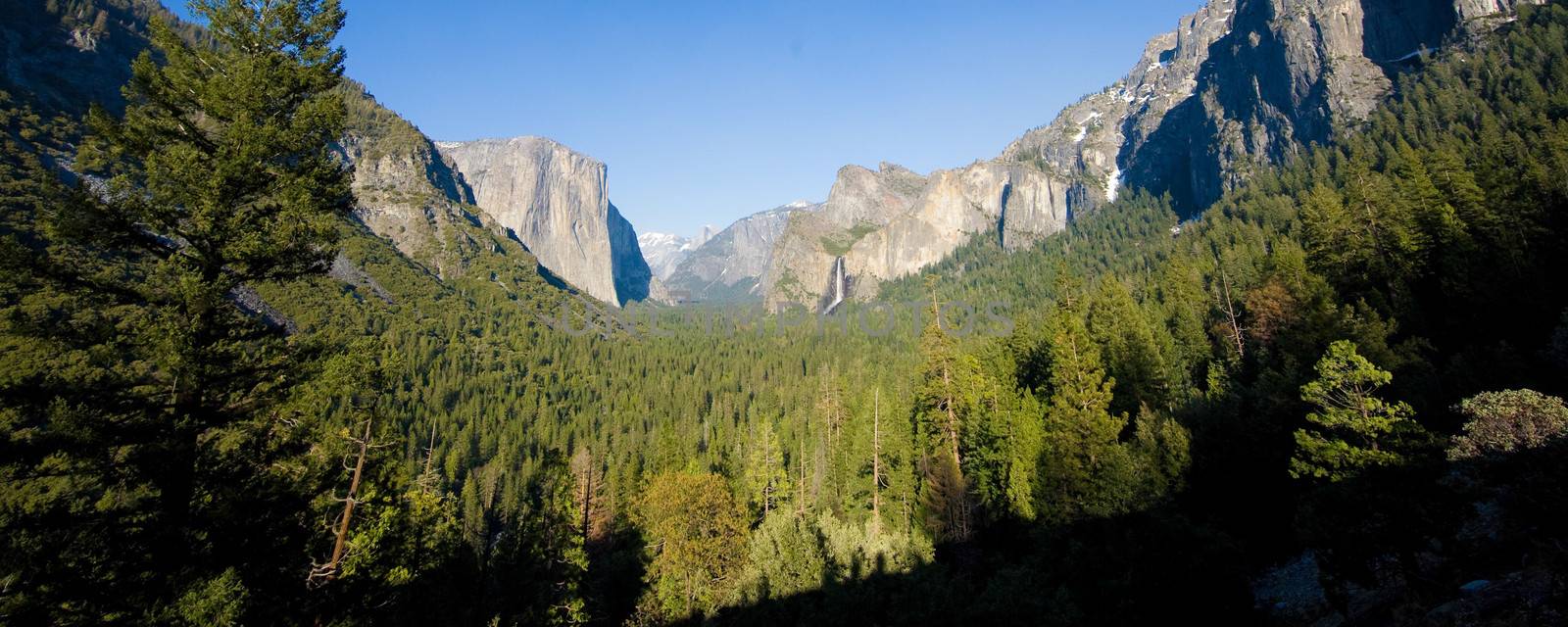 Rock formations in a valley, Bridal Veil Falls Yosemite, El Capitan, Half Dome, Yosemite Valley, Yosemite National Park, California, USA