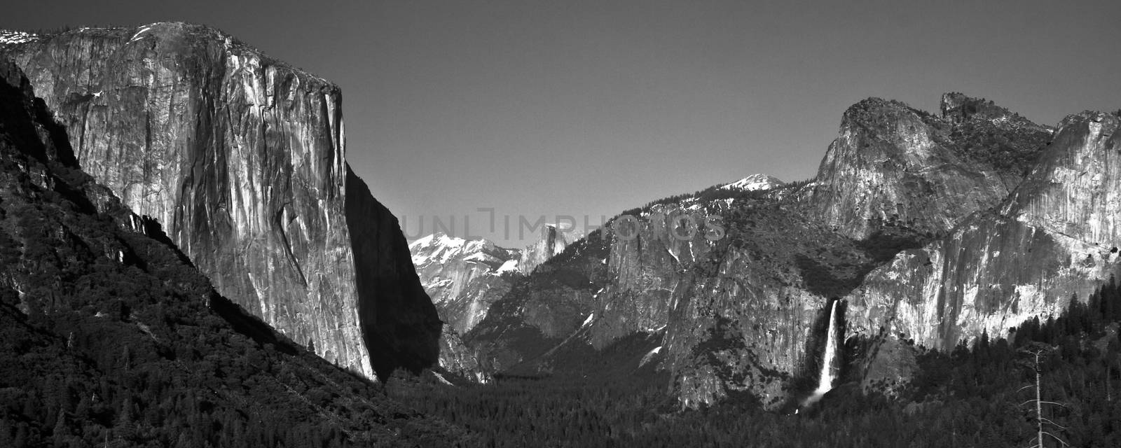 Rock formations in a valley, Bridal Veil Falls Yosemite, El Capitan, Half Dome, Yosemite Valley, Yosemite National Park, California, USA