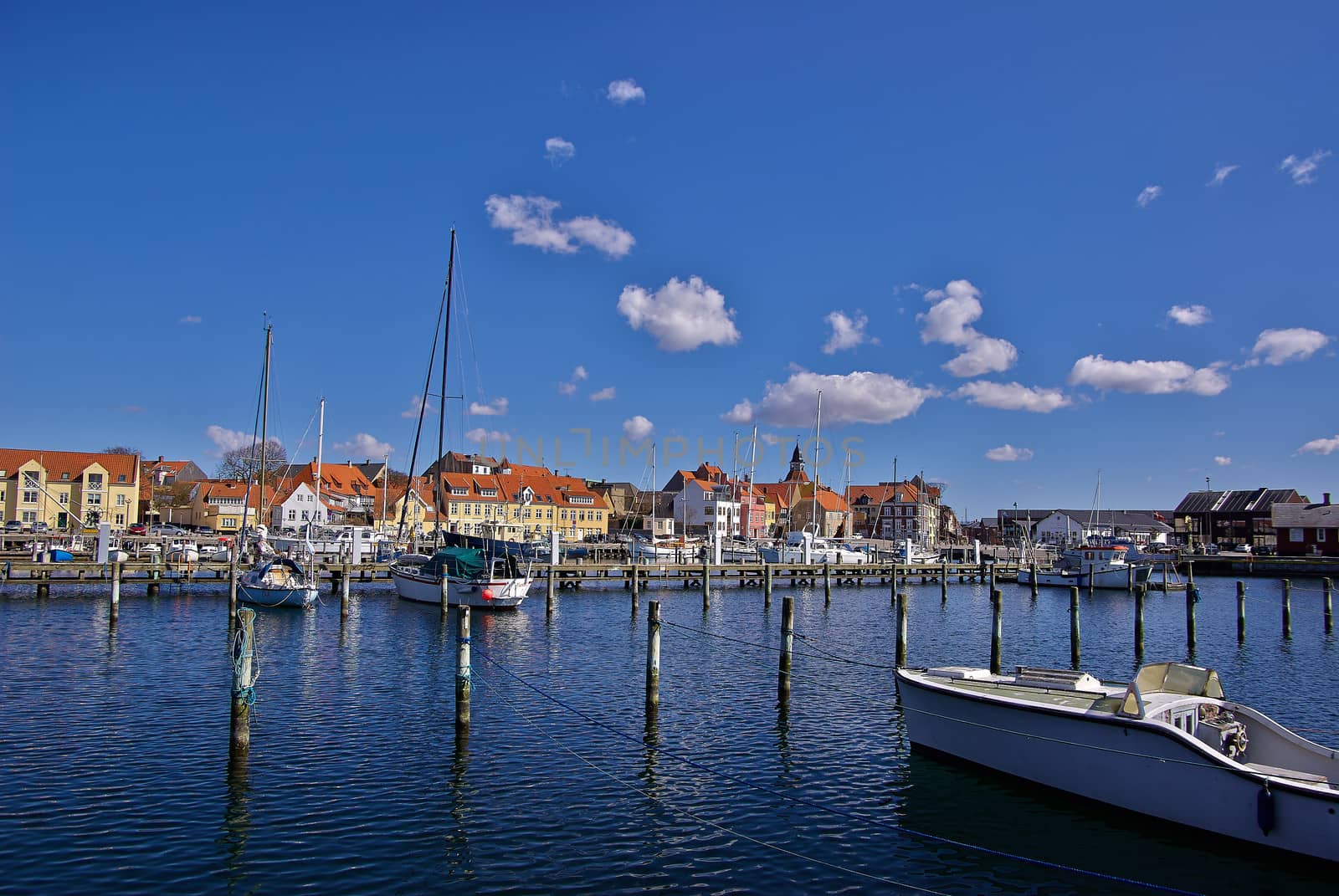 City view of Faaborg port harbor Funen in Denmark