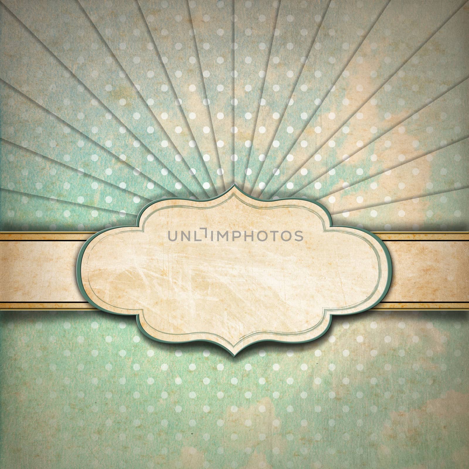 Vintage background with green, blue and brown pastel colors, sunbeams stripes and blank label