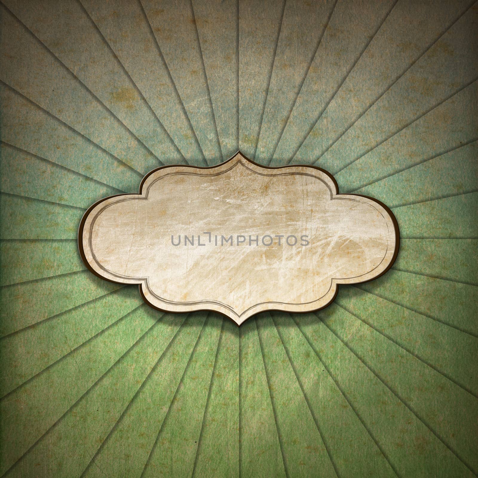 Vintage background with green, blue and brown pastel colors, sunbeams stripes and blank label