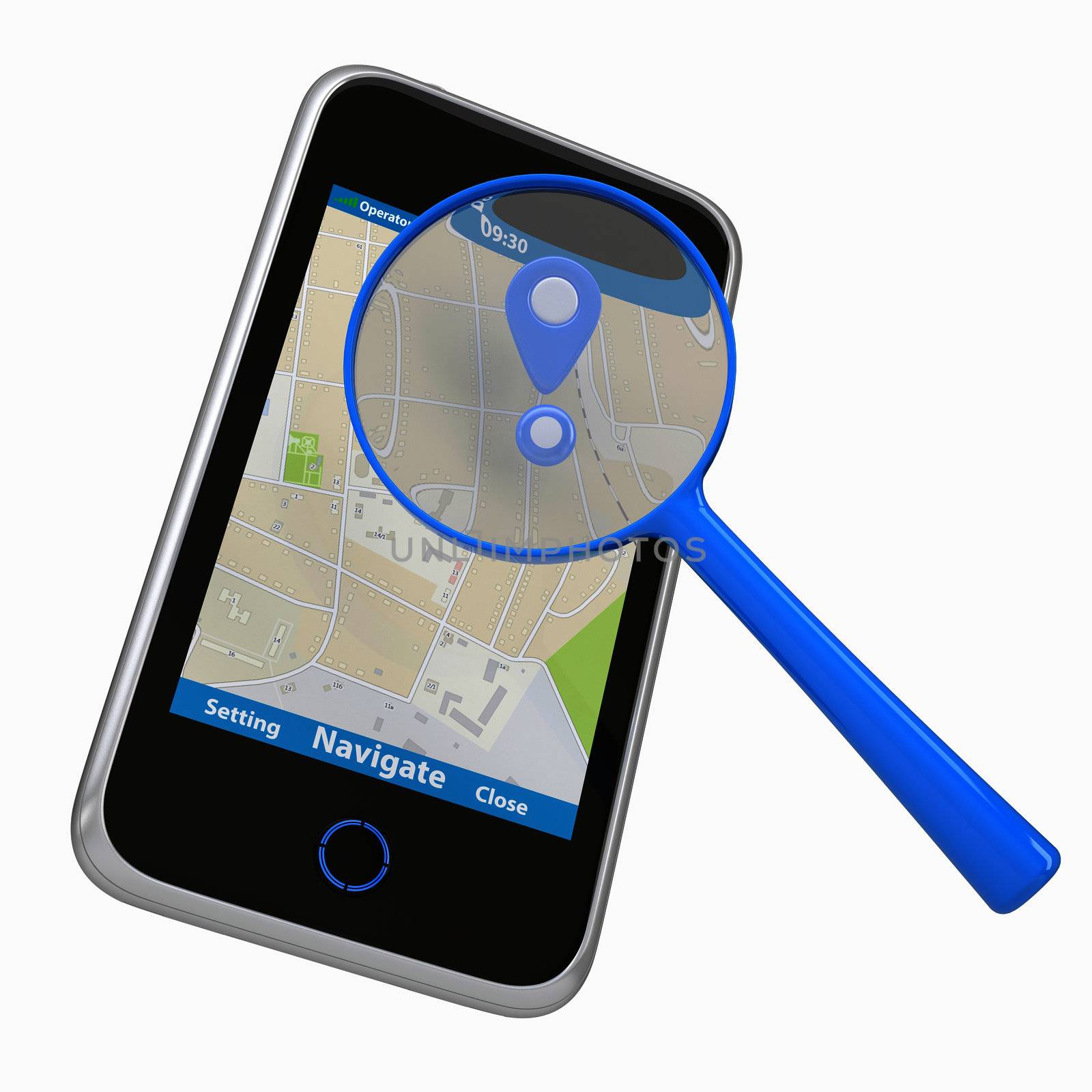 Smartphone with navigation map and a magnifying glass by cherezoff