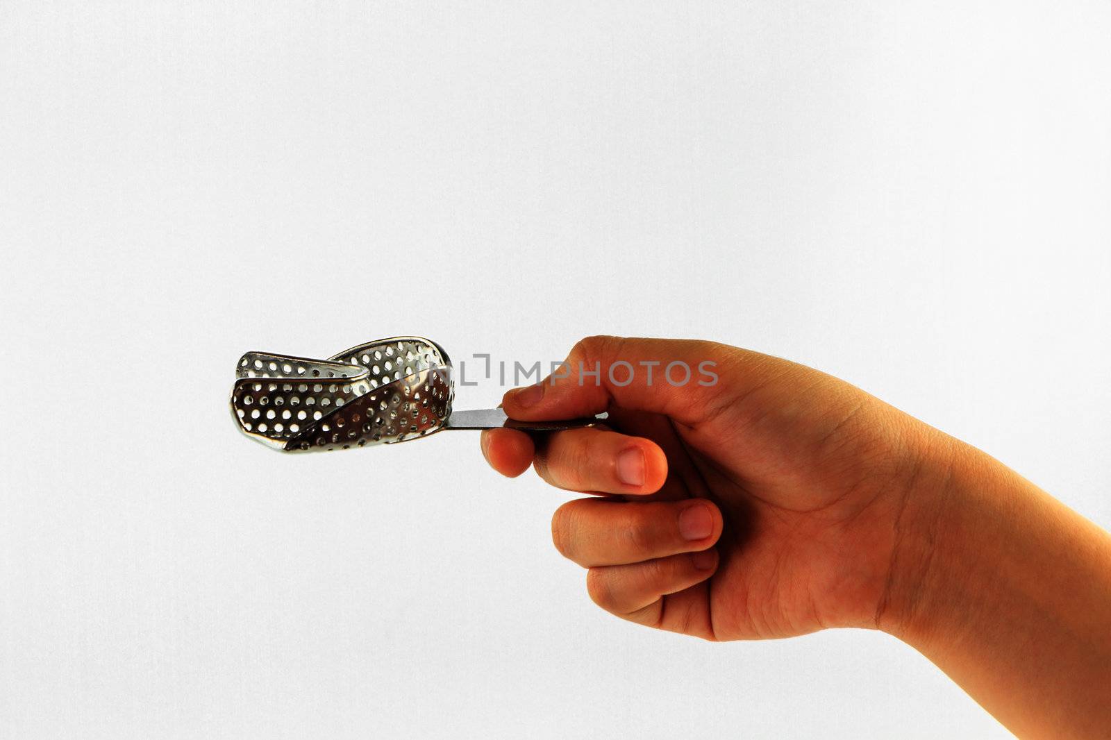 Woman hand sign with trays isolate on white background